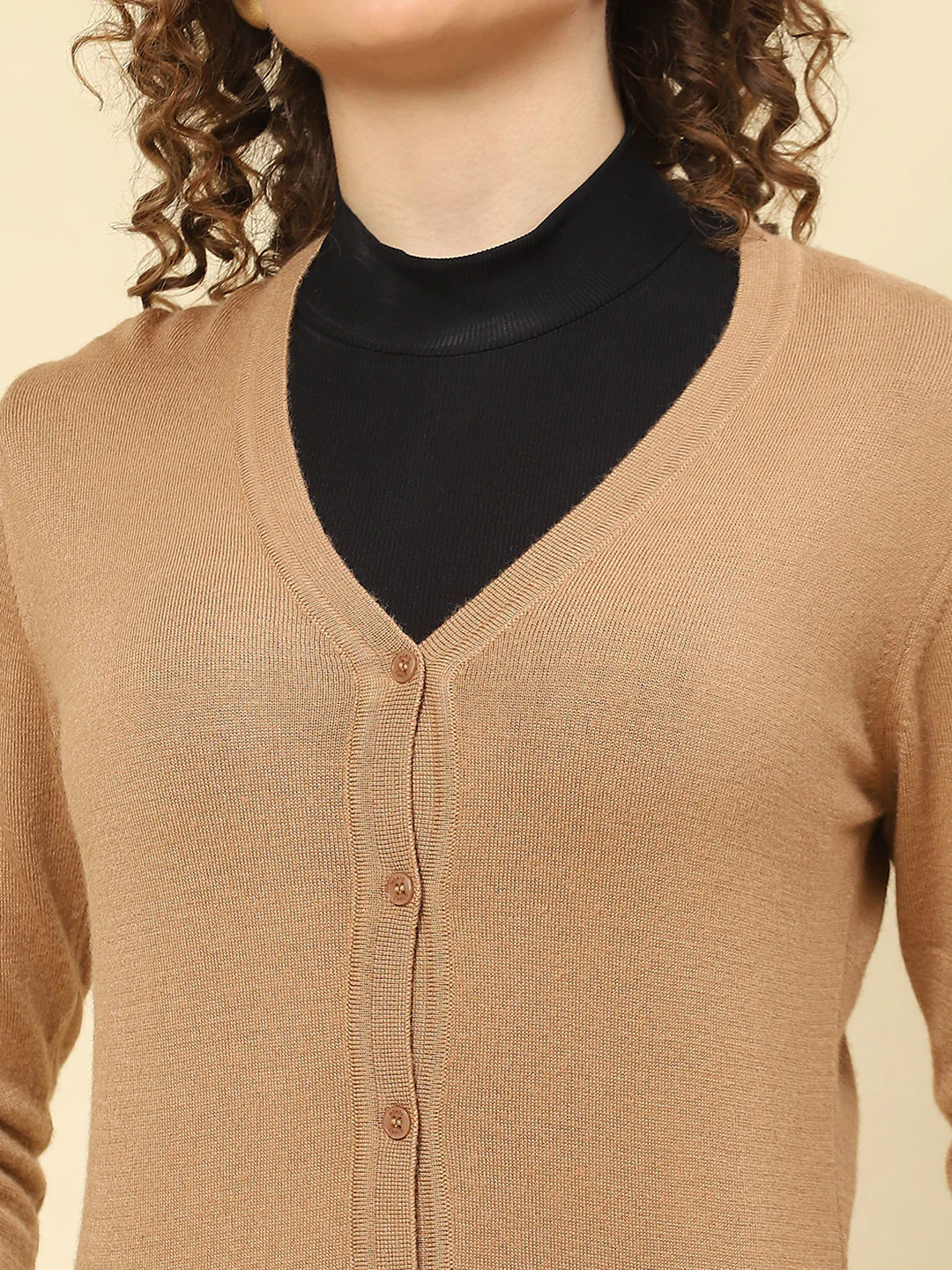 Women Camel Brown Solid V Neck Full Sleeve Cardigans - Image 6