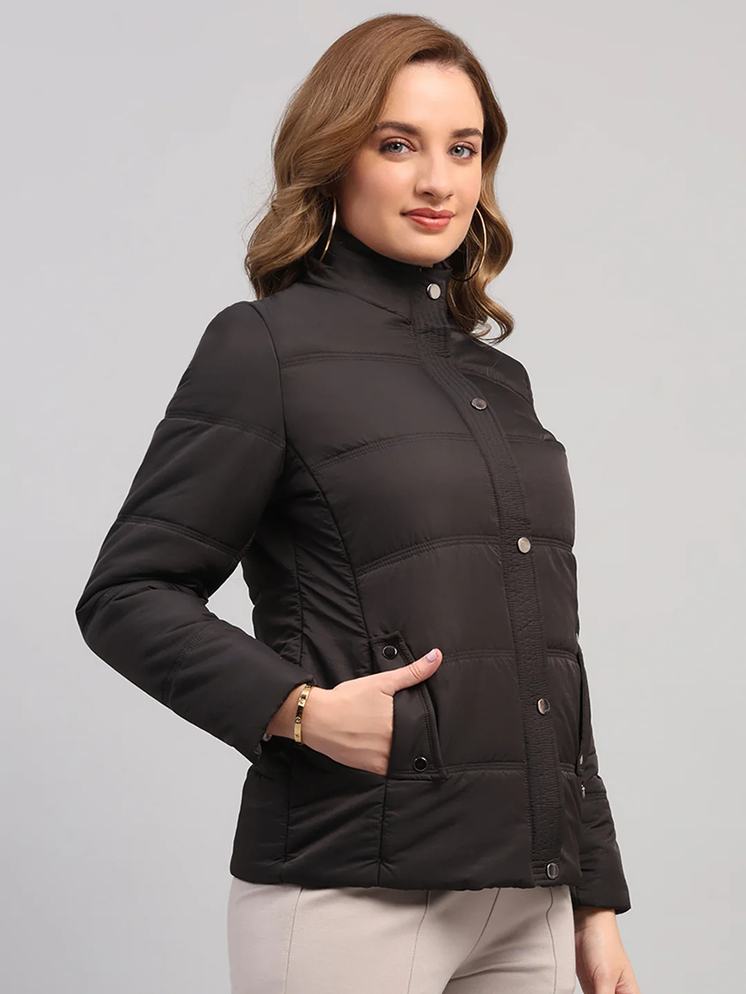 Women Charcoal Solid Collar Full Sleeve Jacket - Image 4