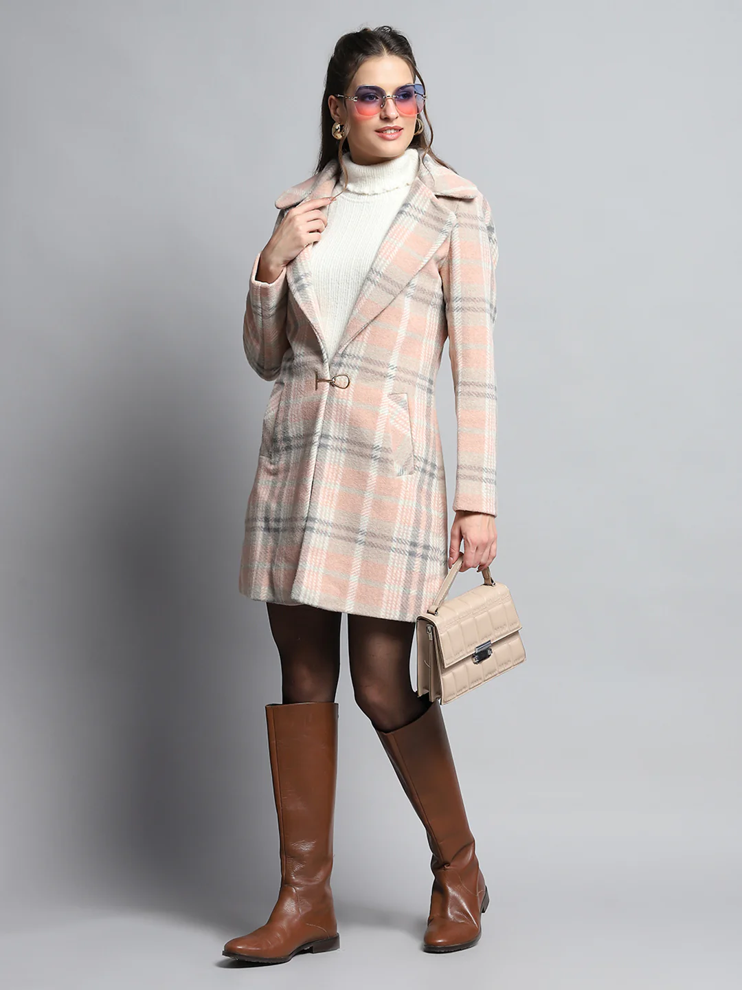 Women Coral Check Notch Lapel Collar Full Sleeve Coat - Image 2