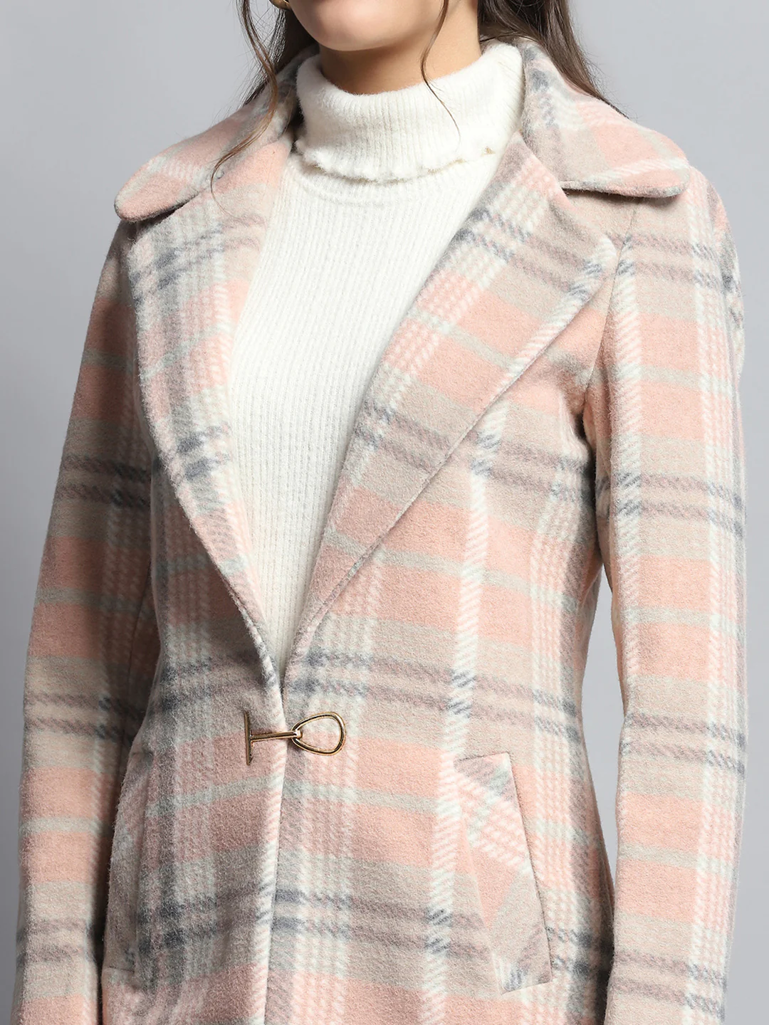 Women Coral Check Notch Lapel Collar Full Sleeve Coat - Image 6