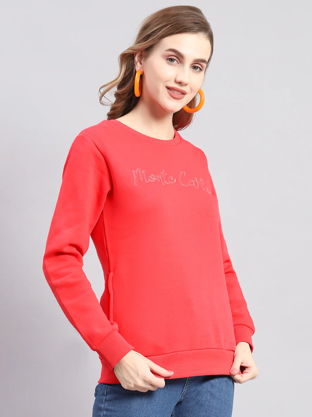 Women Coral Embroidered Round Neck Full Sleeve Sweatshirts - Image 4