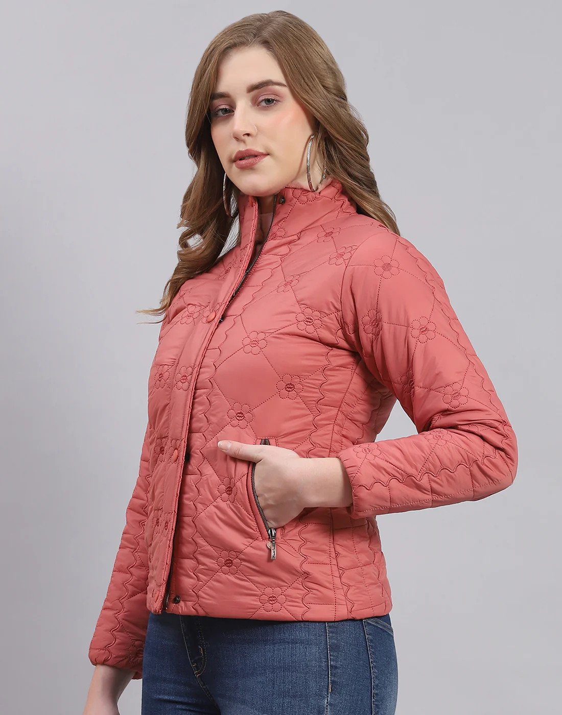 Women Coral Embroidered Stand Collar Full Sleeve Jacket - Image 3