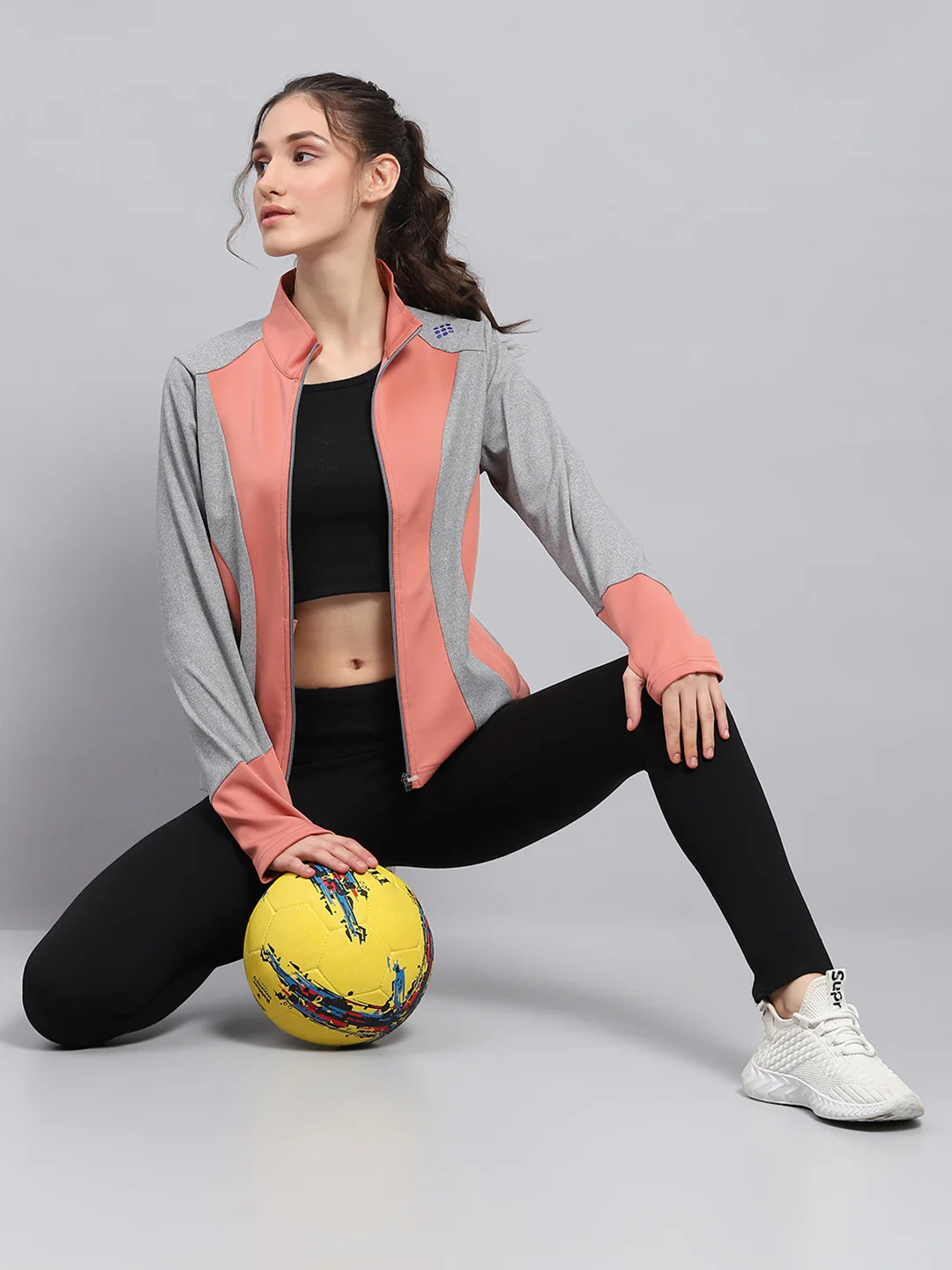 Rock.it Women Coral & Grey Solid Mock Neck Full Sleeve Sweatshirt - Image 2