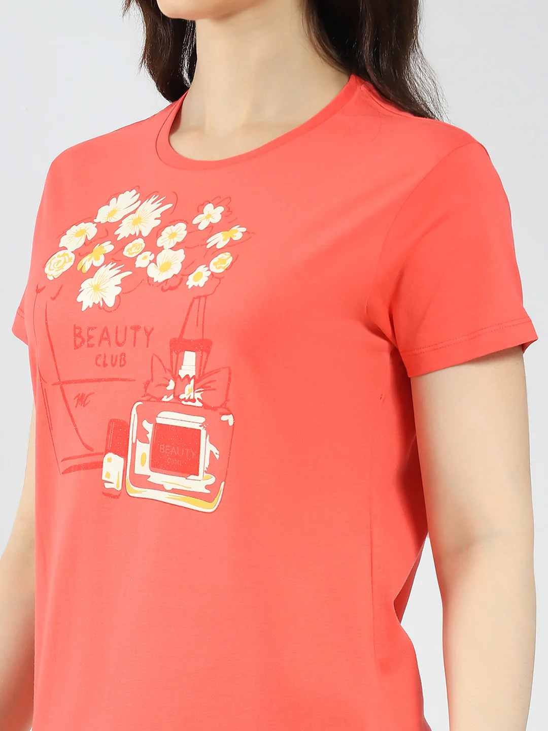 Women Coral & Mustard Printed Round Neck Half Sleeve Top 2Pc Set - Image 10