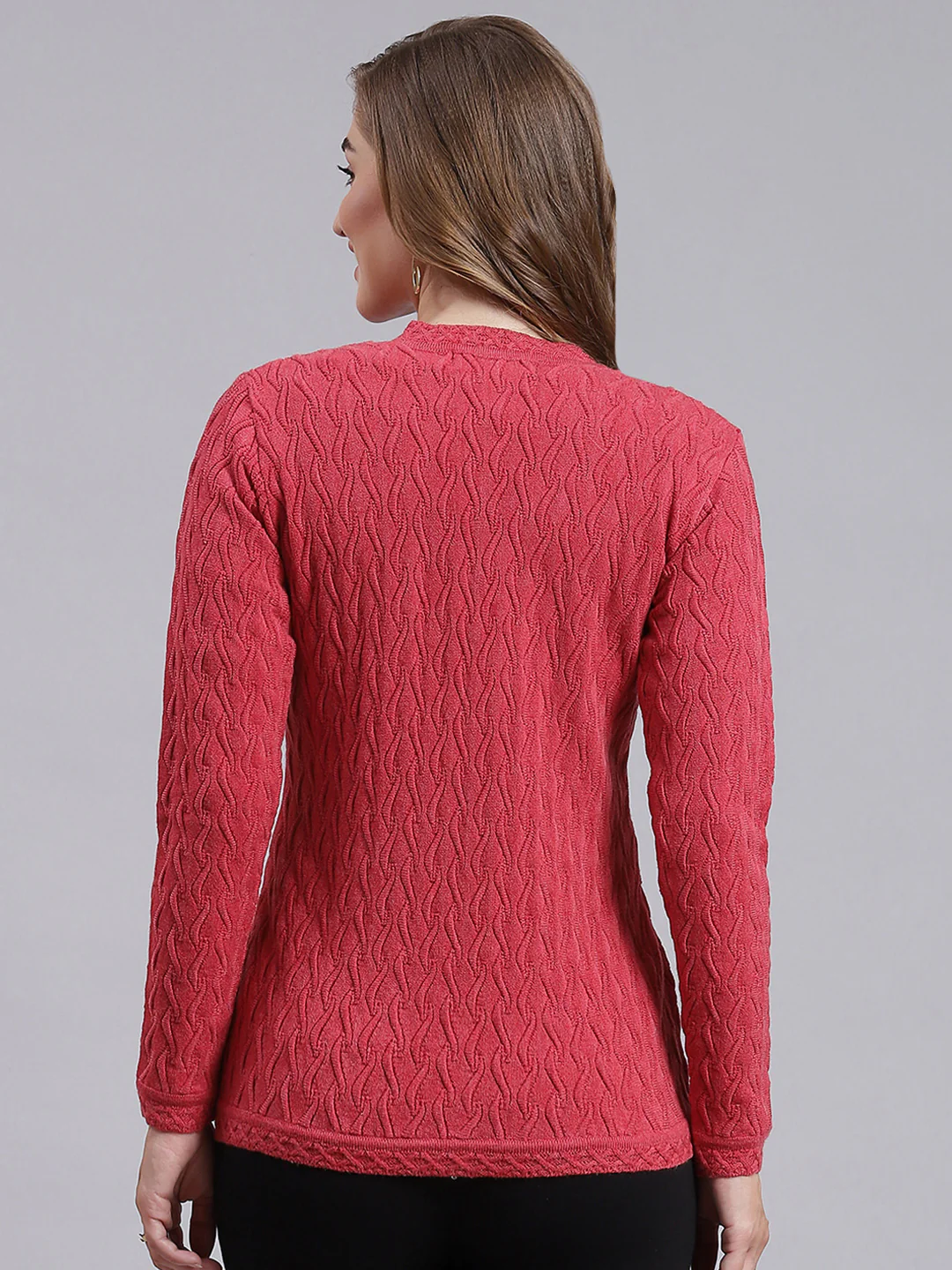 Women Coral Pink Self Design Wool blend Cardigan - Image 4
