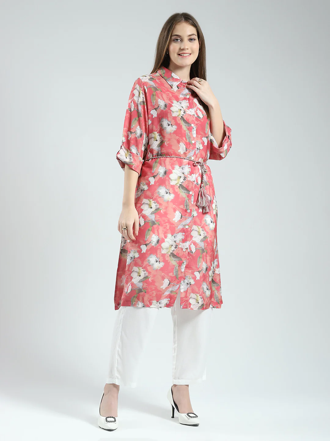 Women Coral Printed Collar 3/4th Sleeve Tunic - Image 4