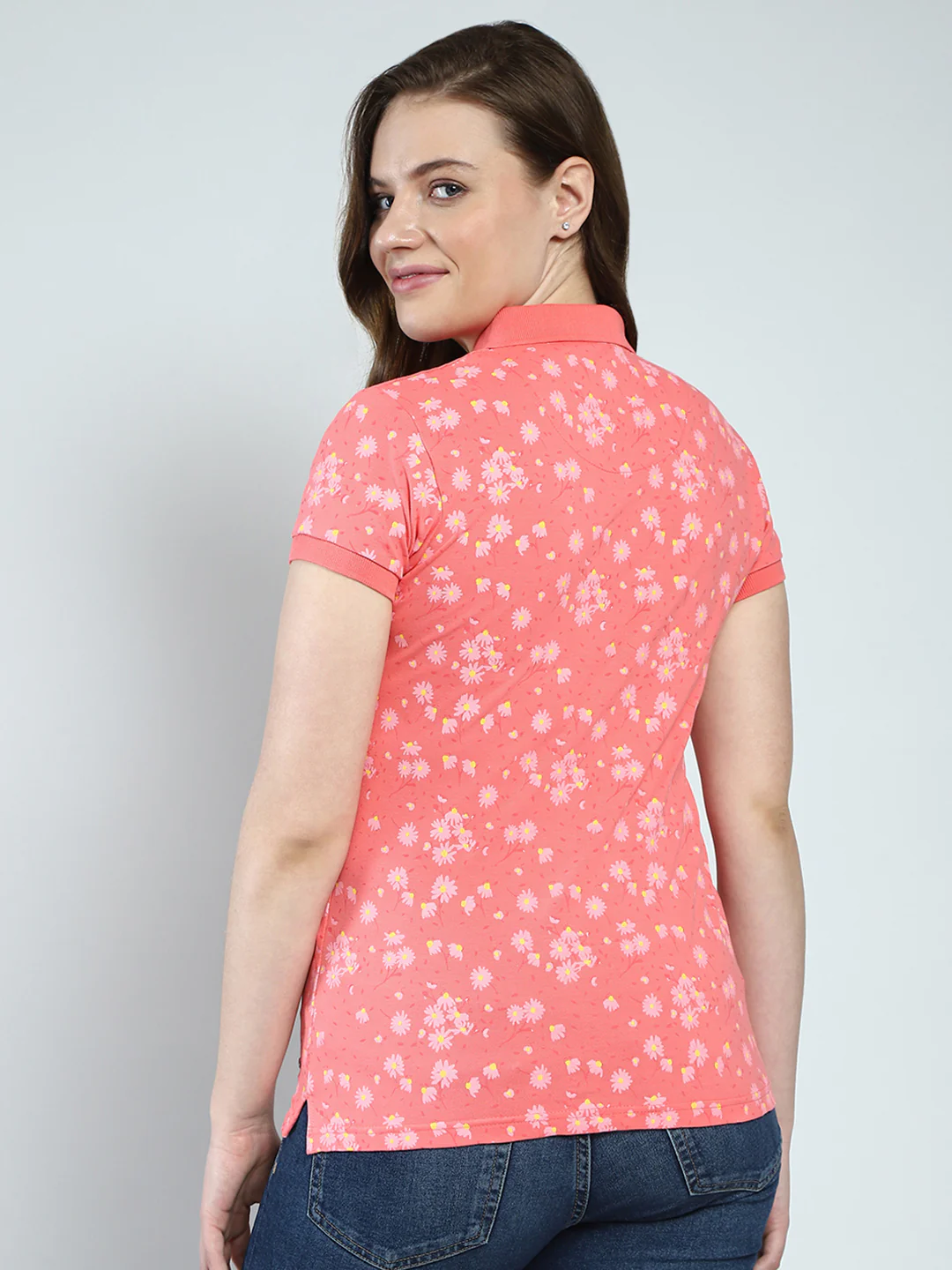 Women Coral Printed Collar Half Sleeve T-Shirt - Image 5