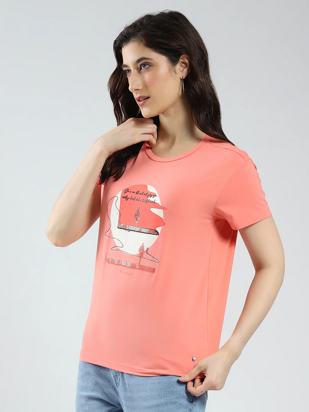 Women Coral Printed Round Neck Half Sleeve Top - Image 3