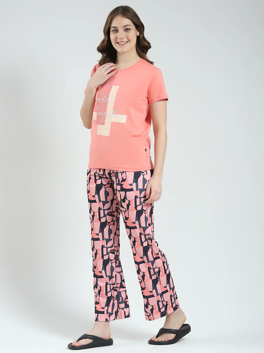 Women Coral Printed Round Neck Half Sleeve Lower Set - Image 3
