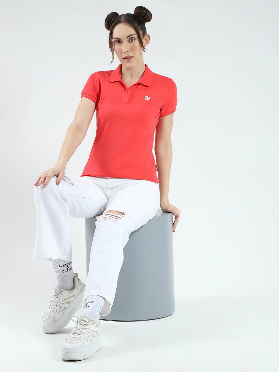 Rock.it Women Coral Solid Collar Half Sleeve T-Shirt - Image 2