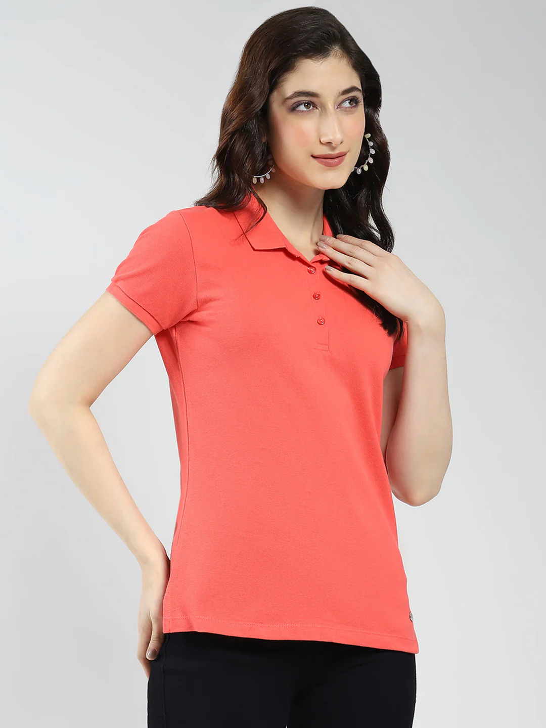 Women Coral Solid Collar Half Sleeve T-Shirt - Image 4