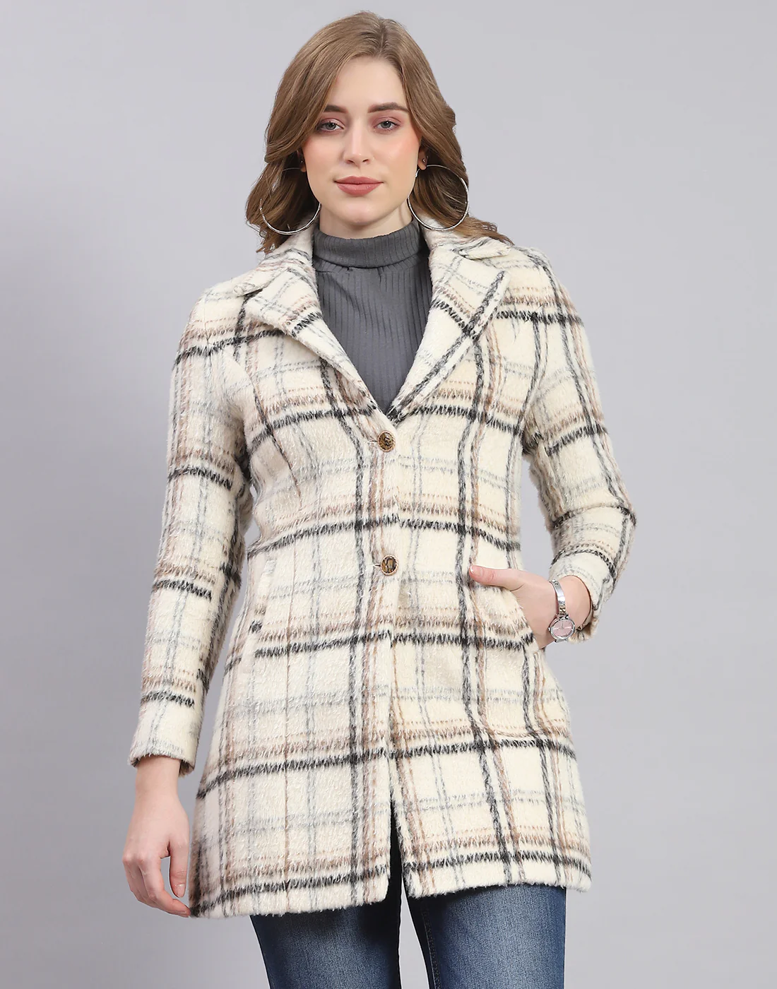Women Cream Check Lapel Collar Full Sleeve Coat - Image 2