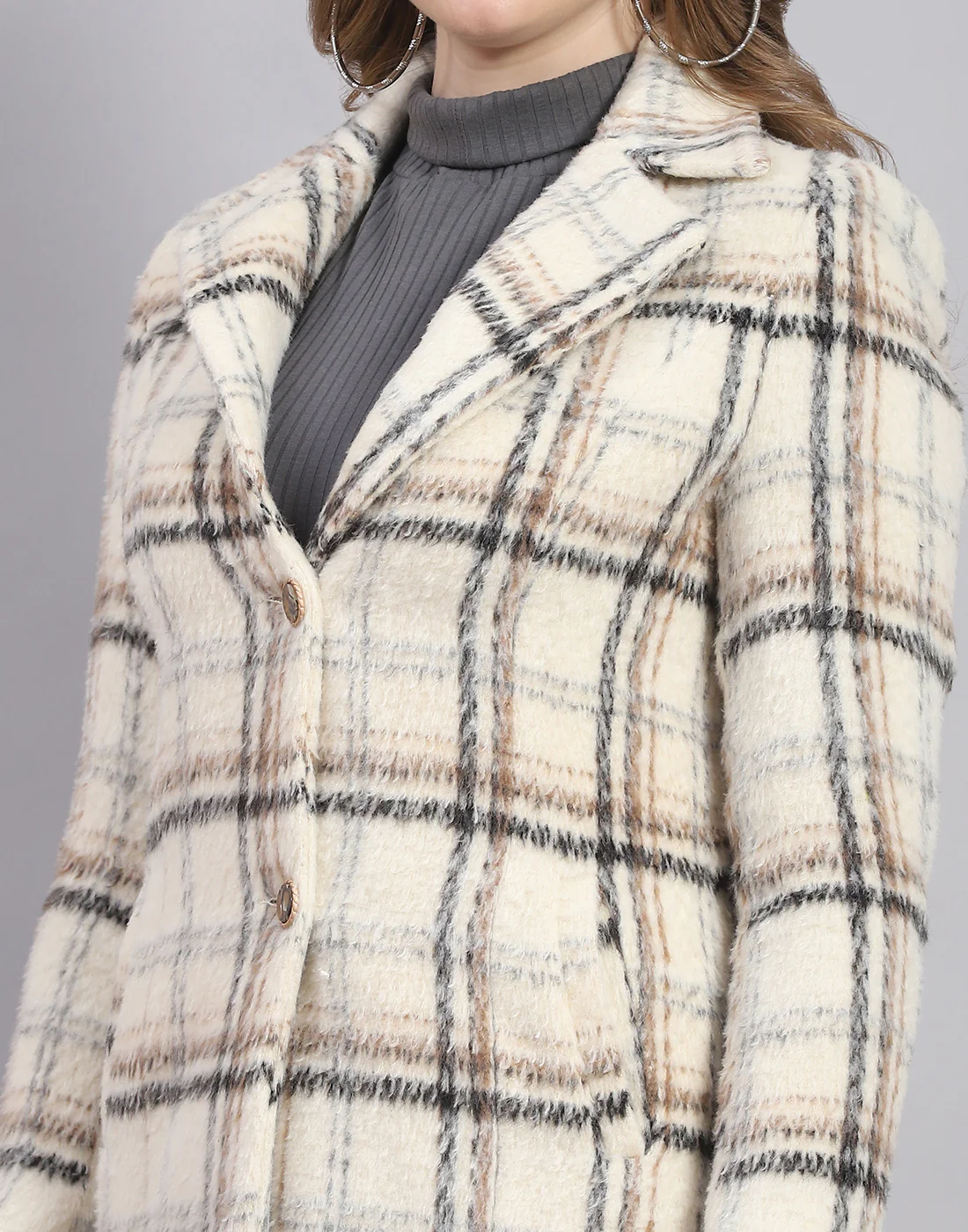 Women Cream Check Lapel Collar Full Sleeve Coat - Image 6