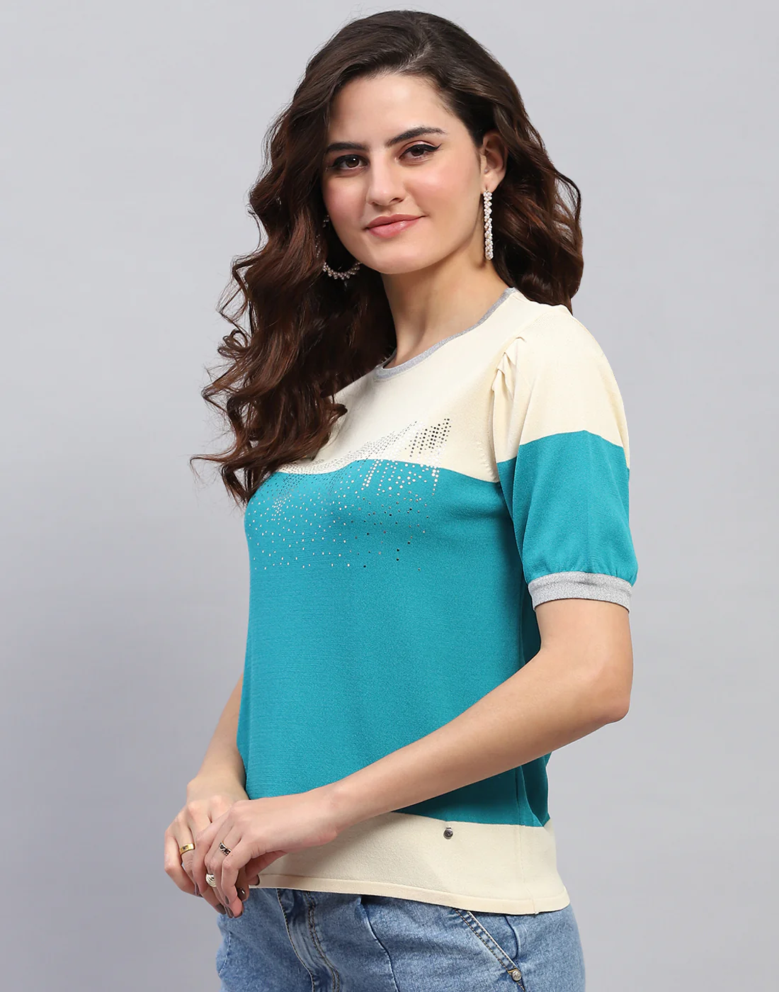 Women Cream Colourblocked Round Neck Half Sleeve Top - Image 5