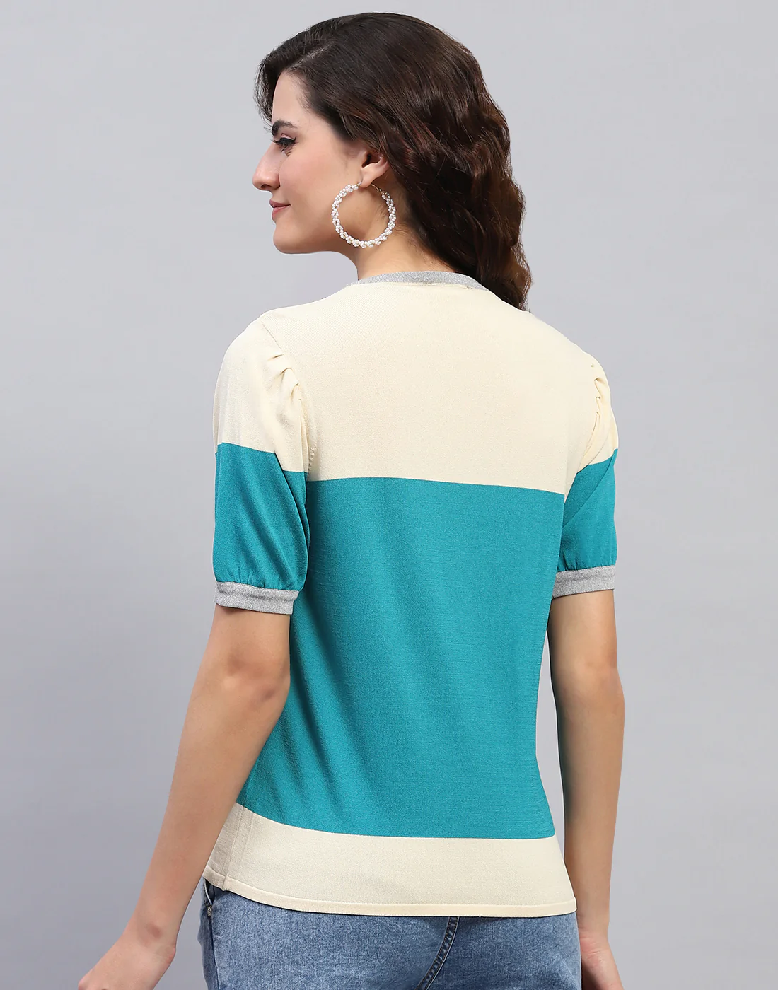 Women Cream Colourblocked Round Neck Half Sleeve Top - Image 6