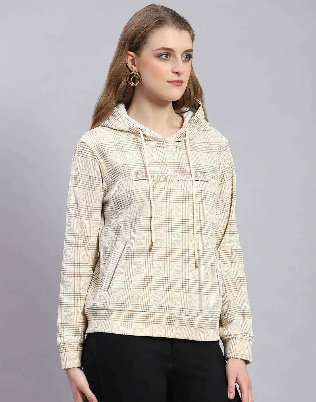 Women Cream Embroidered Hooded Full Sleeve Sweatshirt - Image 5