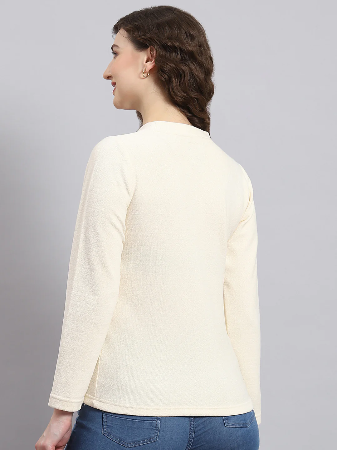 Women Cream Embroidered Round Neck Full Sleeve Sweater - Image 5
