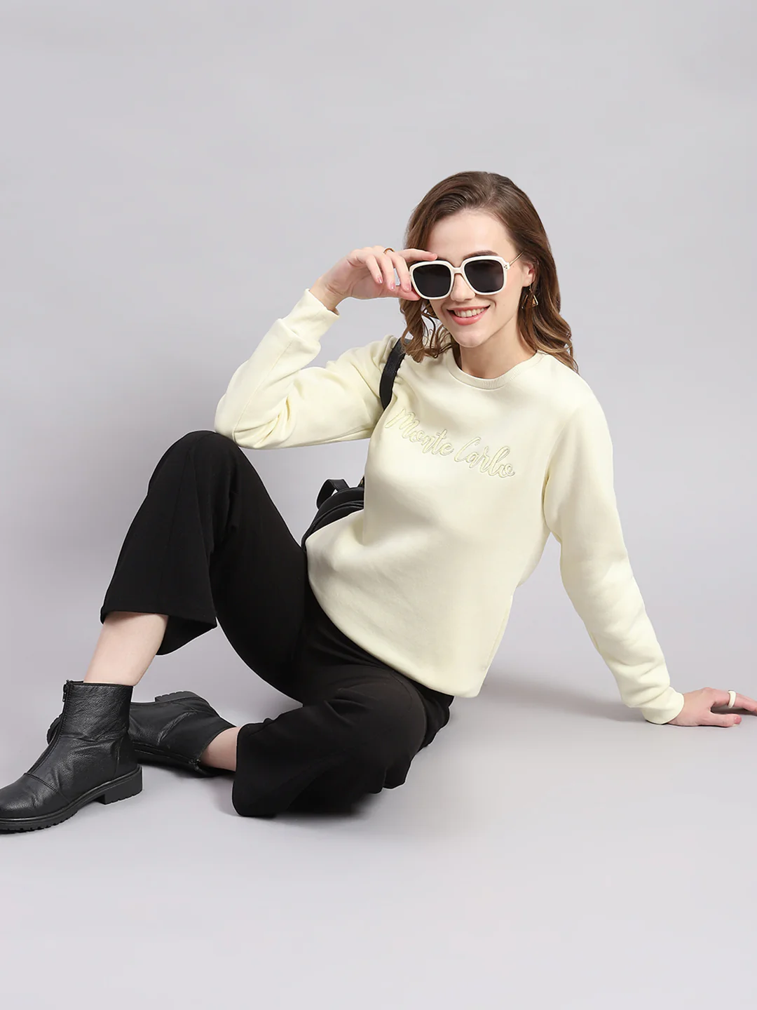 Women Cream Embroidered Round Neck Full Sleeve Sweatshirts - Image 2