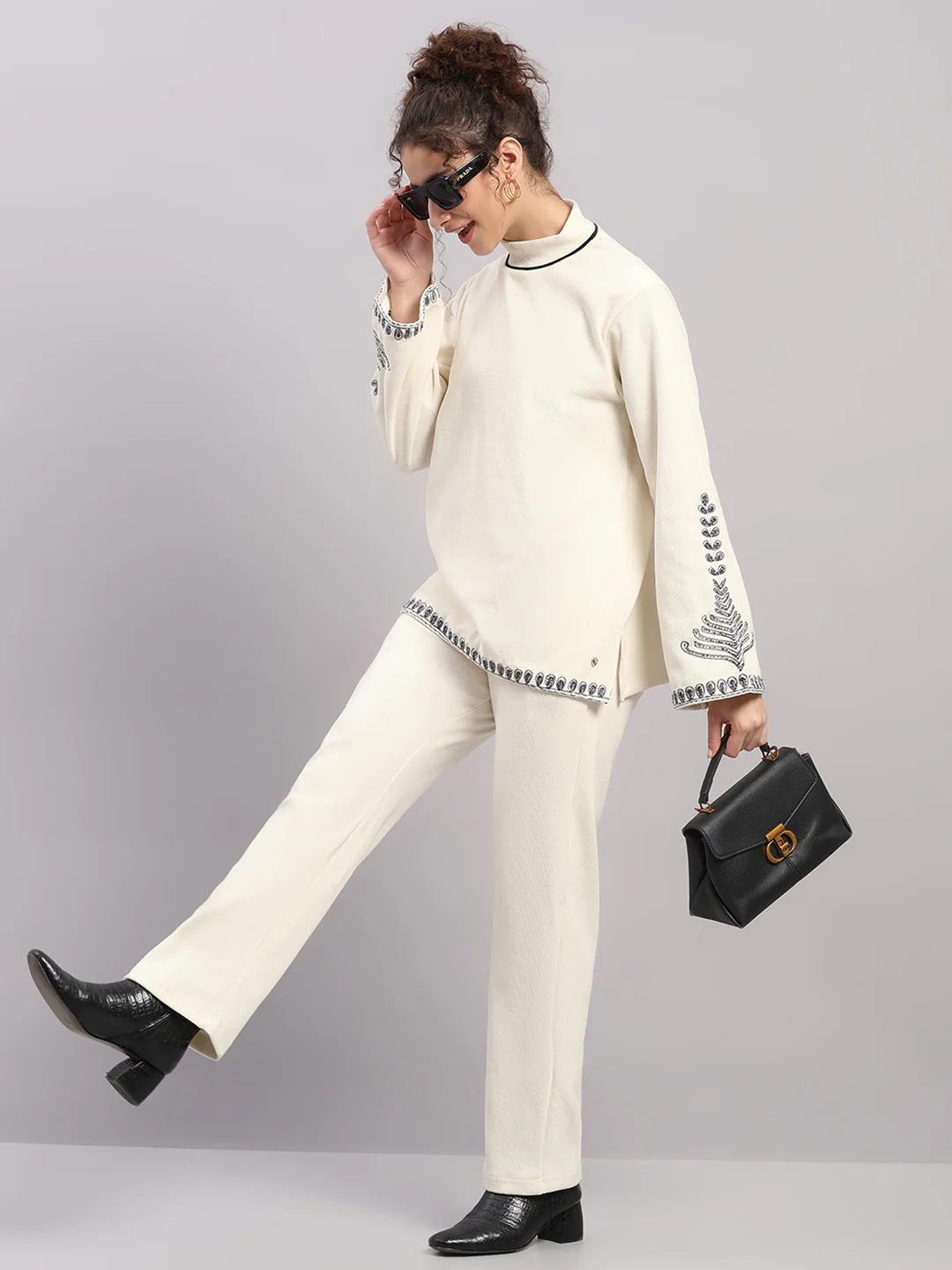 Women Cream Embroidered Turtle Neck Full Sleeve Cords Set - Image 2