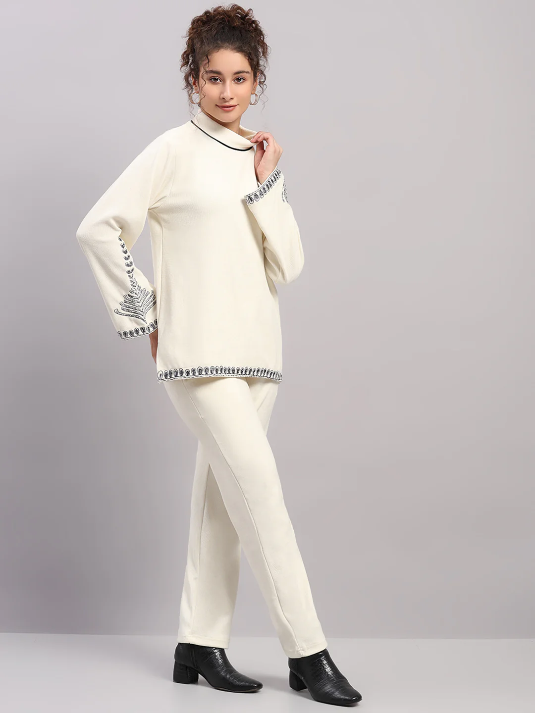 Women Cream Embroidered Turtle Neck Full Sleeve Cords Set - Image 4