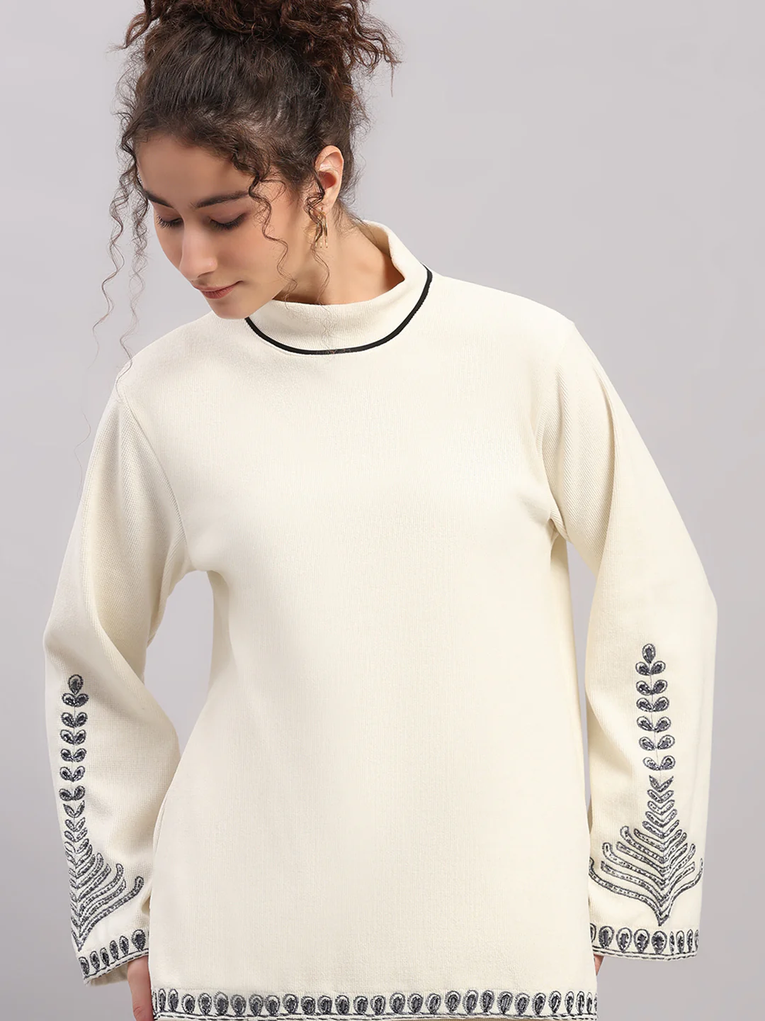 Women Cream Embroidered Turtle Neck Full Sleeve Cords Set - Image 6