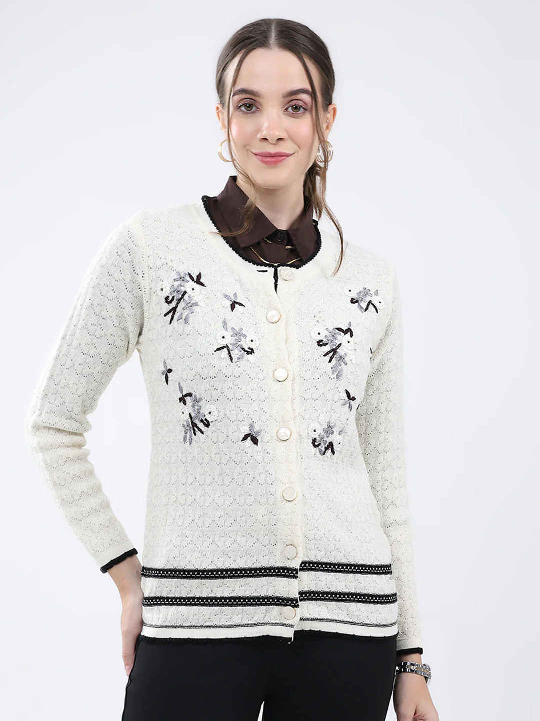 Women Cream Embroidered Round Neck Full Sleeve Cardigan