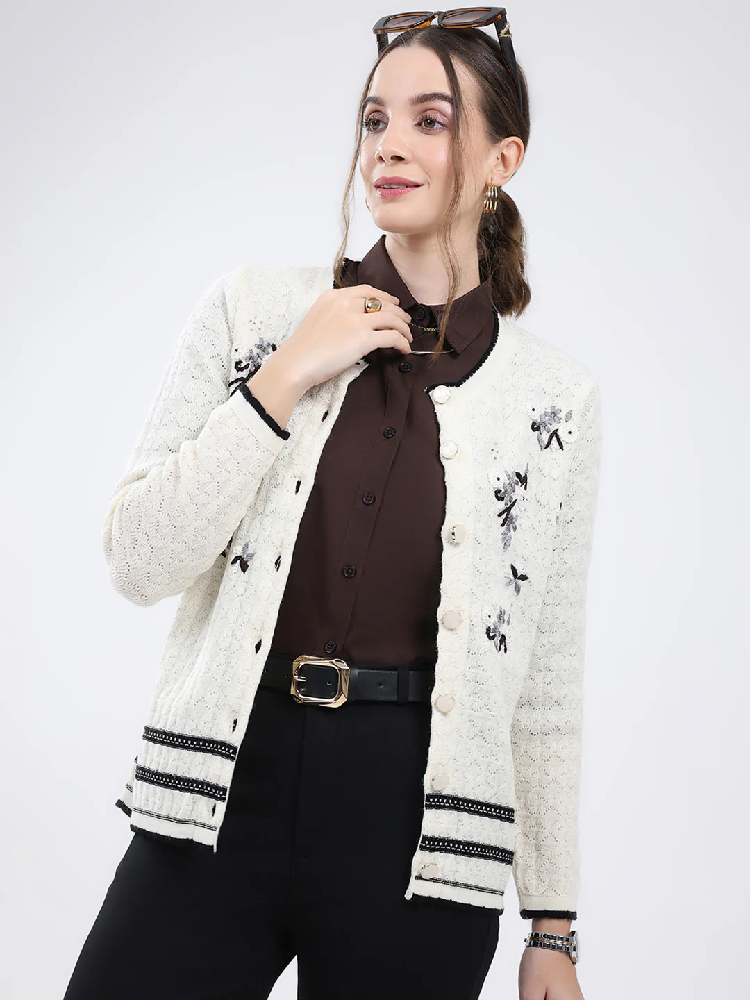 Women Cream Embroidered Round Neck Full Sleeve Cardigan - Image 6