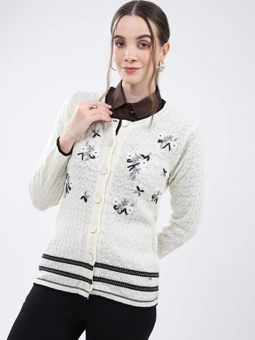 Women Cream Embroidered Round Neck Full Sleeve Cardigan - Image 7