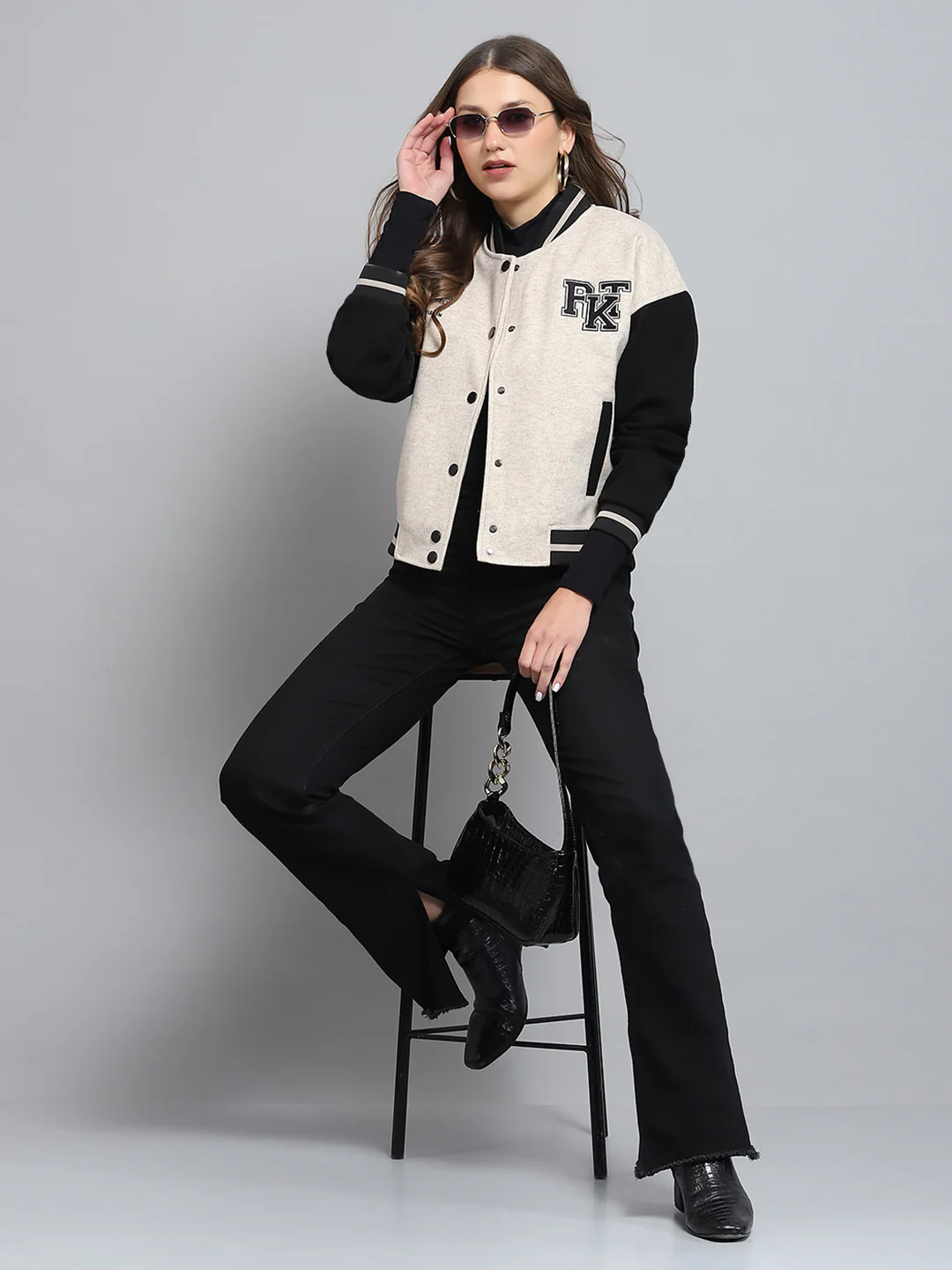 Rock.it Women Cream Printed Band Collar Full Sleeve Jacket - Image 2