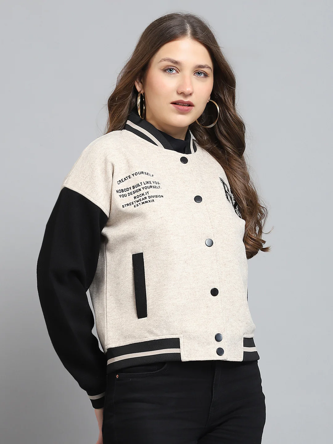 Rock.it Women Cream Printed Band Collar Full Sleeve Jacket - Image 4
