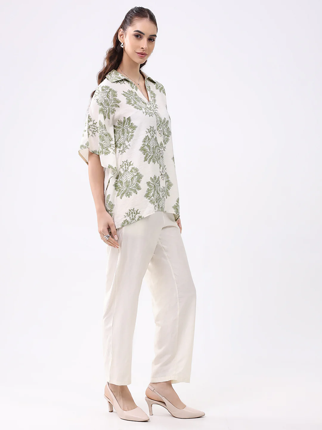Women Cream Printed Collar 3/4th Sleeve Cords Set - Image 6