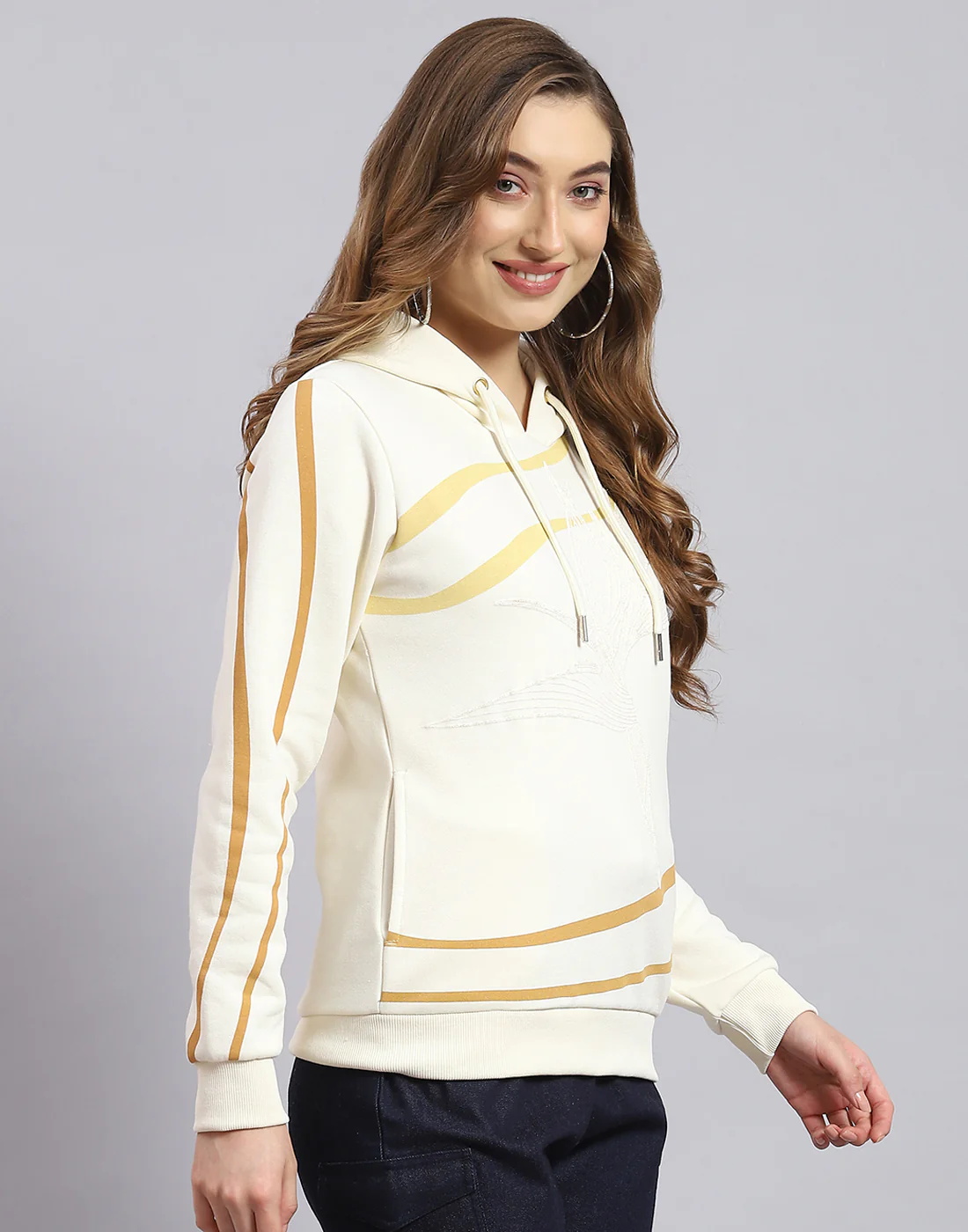 Women Cream Printed Hooded Full Sleeve Sweatshirt - Image 5