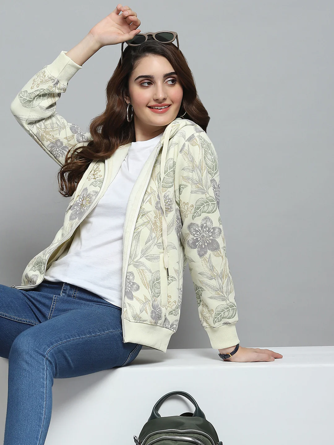 Women Cream Printed Hooded Full Sleeve Sweatshirt - Image 6