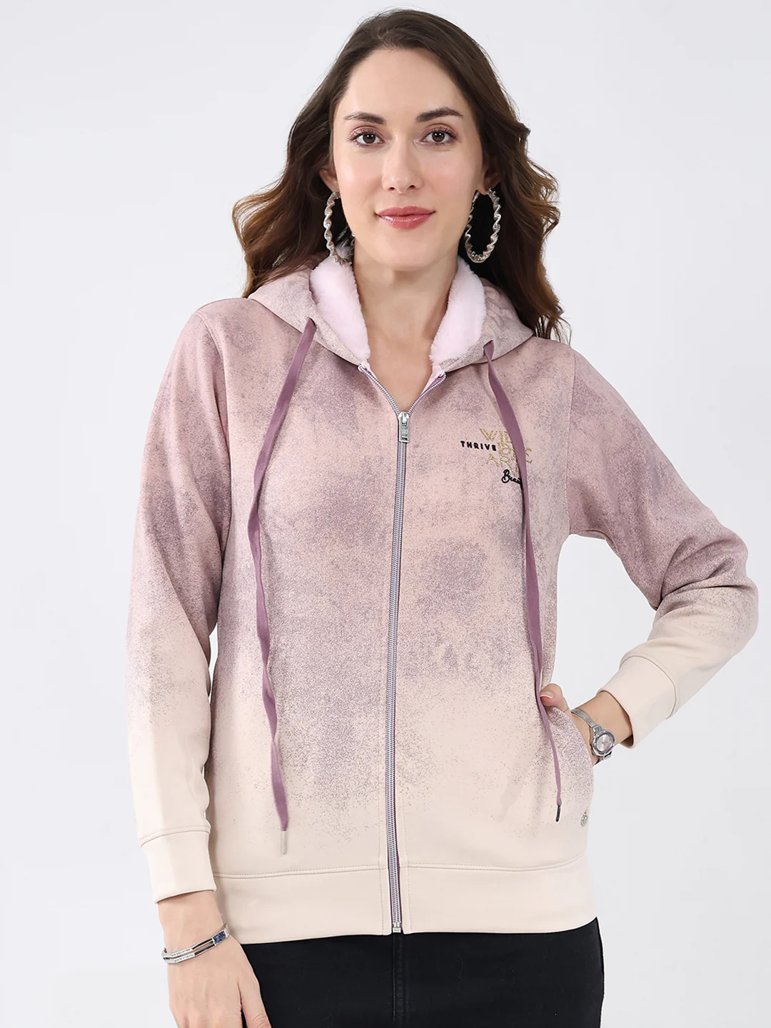Women Cream Printed Hooded Full Sleeve Sweatshirt
