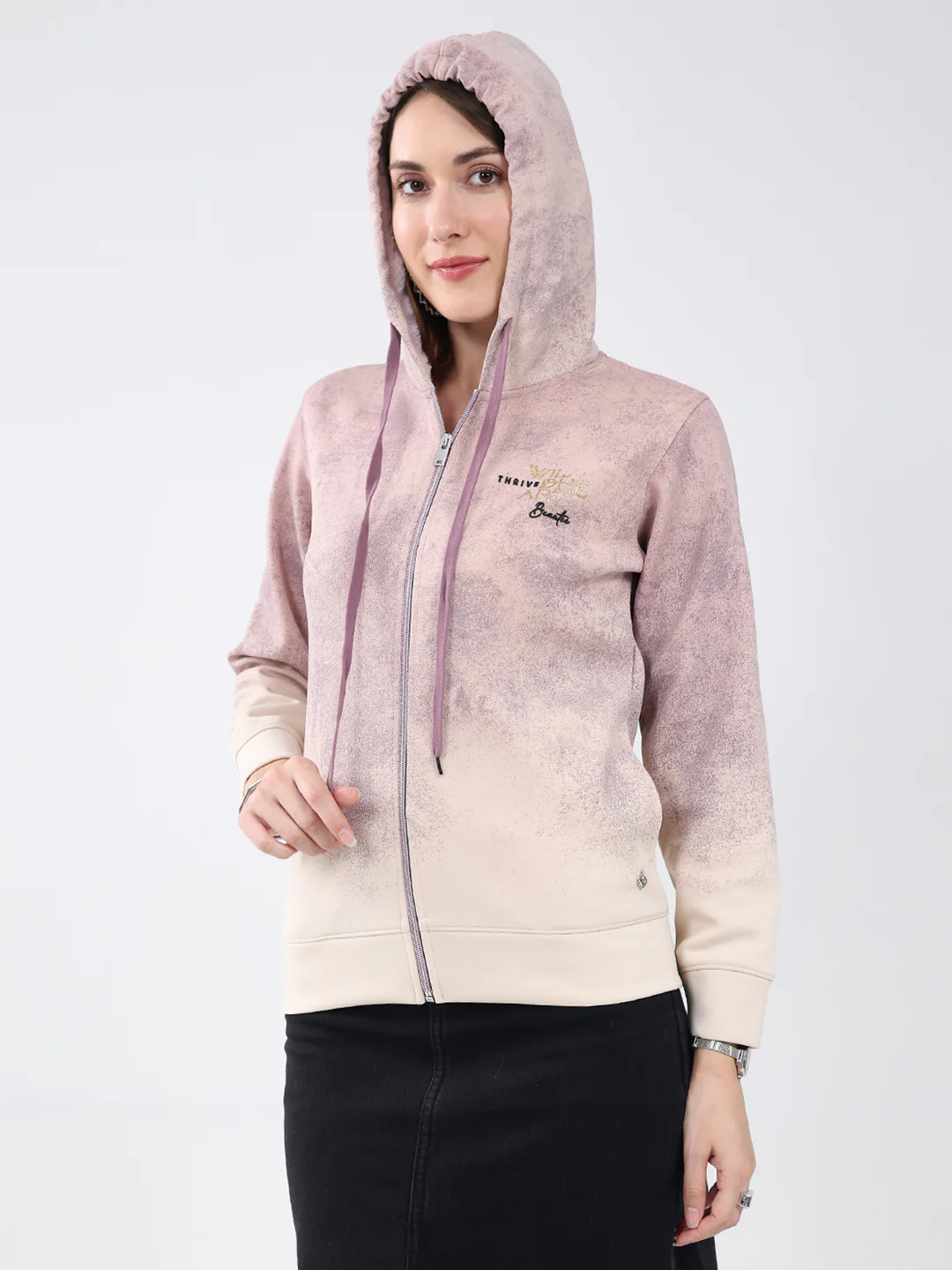 Women Cream Printed Hooded Full Sleeve Sweatshirt - Image 6
