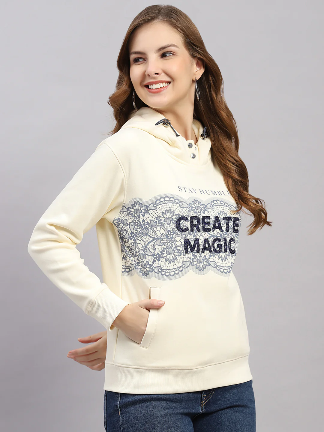 Women Cream Printed Hooded Full Sleeve Sweatshirt - Image 4