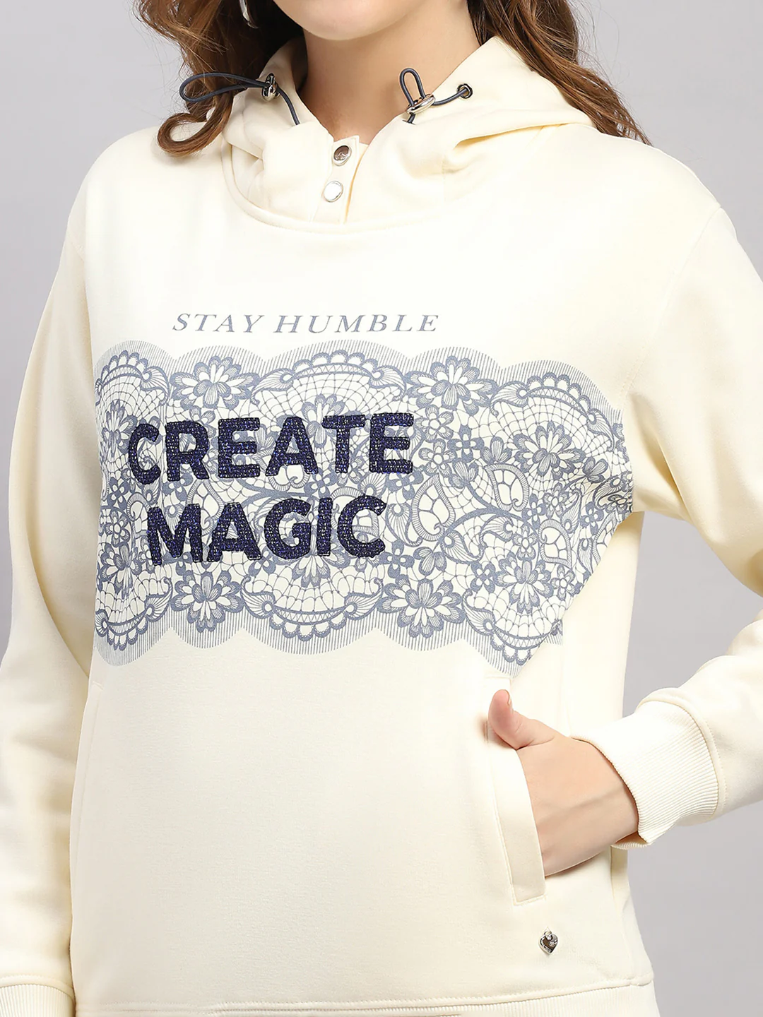 Women Cream Printed Hooded Full Sleeve Sweatshirt - Image 6