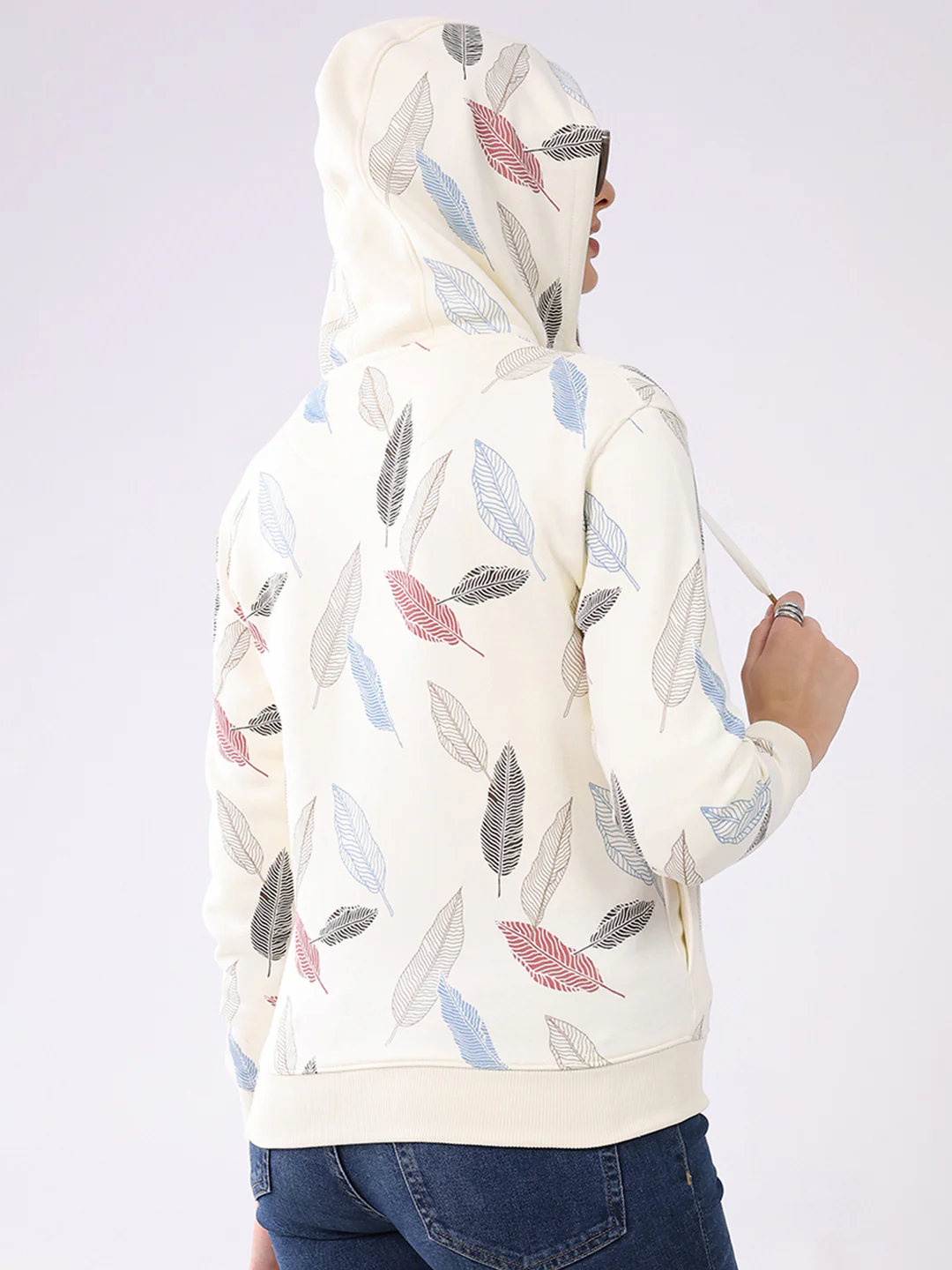 Women Cream Printed Hooded Full Sleeve Sweatshirt - Image 5