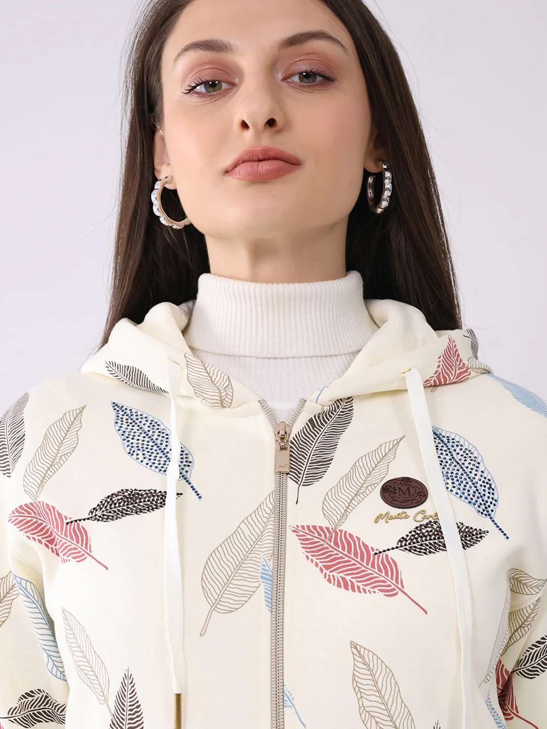 Women Cream Printed Hooded Full Sleeve Sweatshirt - Image 7