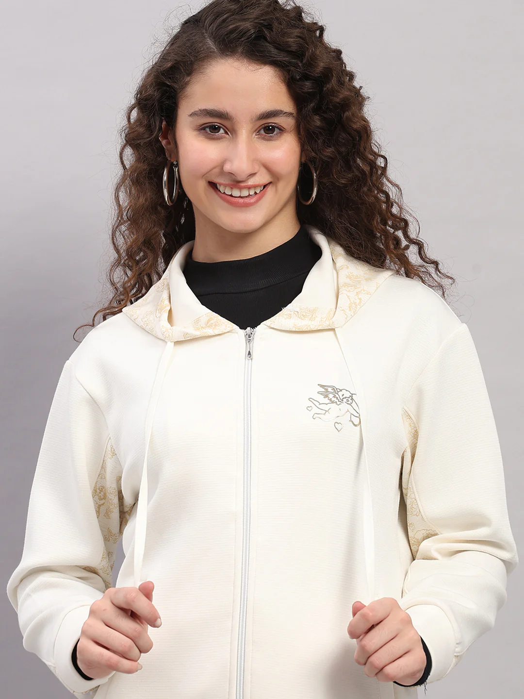Women Cream Printed Hooded Full Sleeve Sweatshirt - Image 6