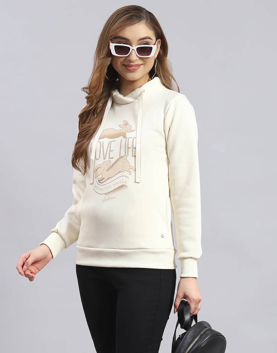 Women Cream Printed Round Neck Full Sleeve Sweatshirt - Image 2