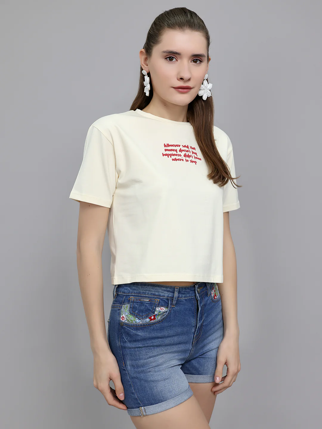 Women Cream Printed Round Neck Half Sleeve Top - Image 3