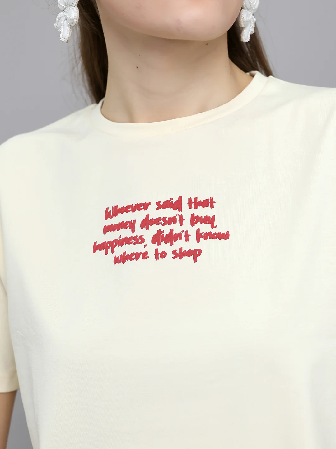 Women Cream Printed Round Neck Half Sleeve Top - Image 5