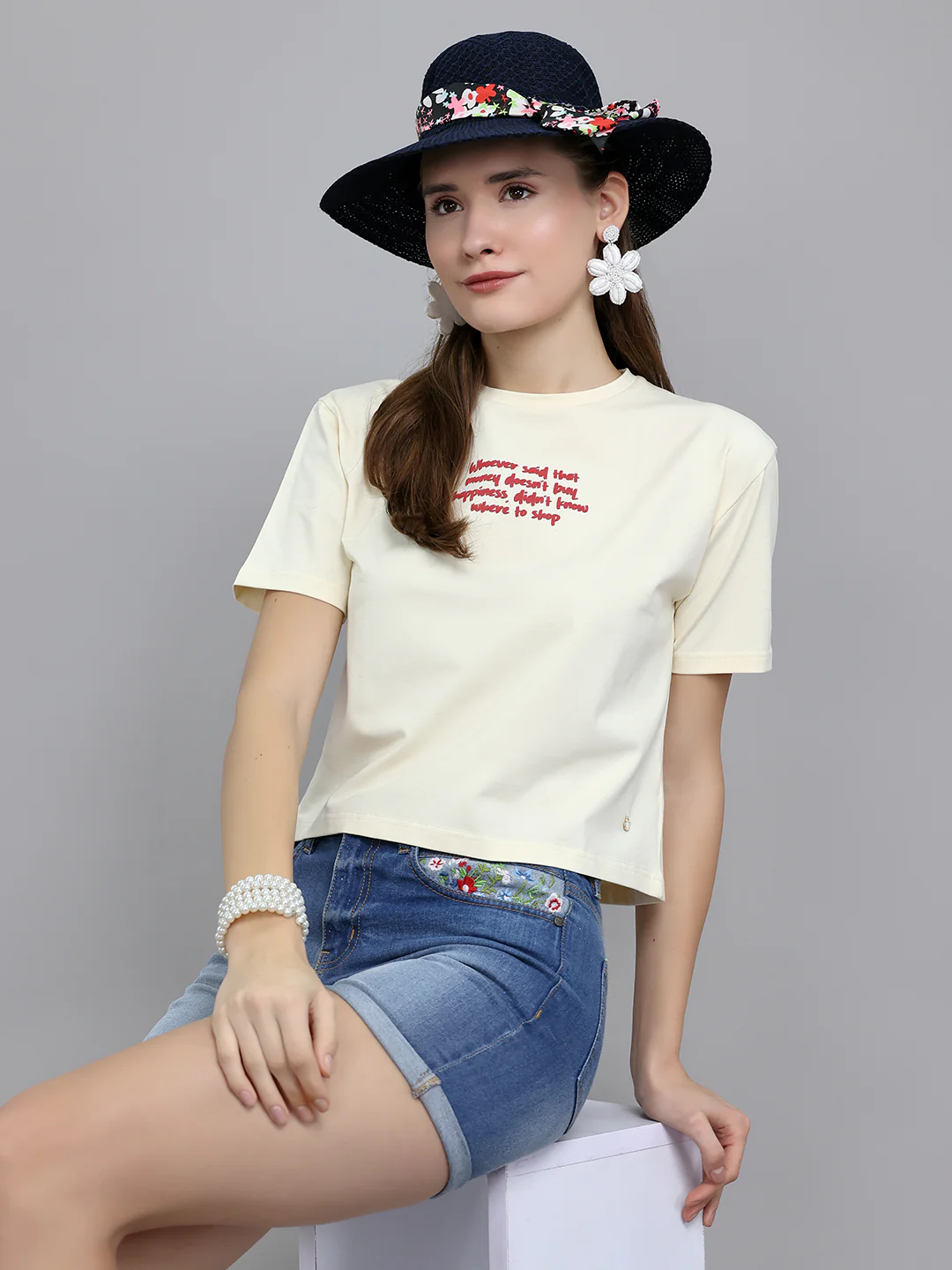 Women Cream Printed Round Neck Half Sleeve Top - Image 7