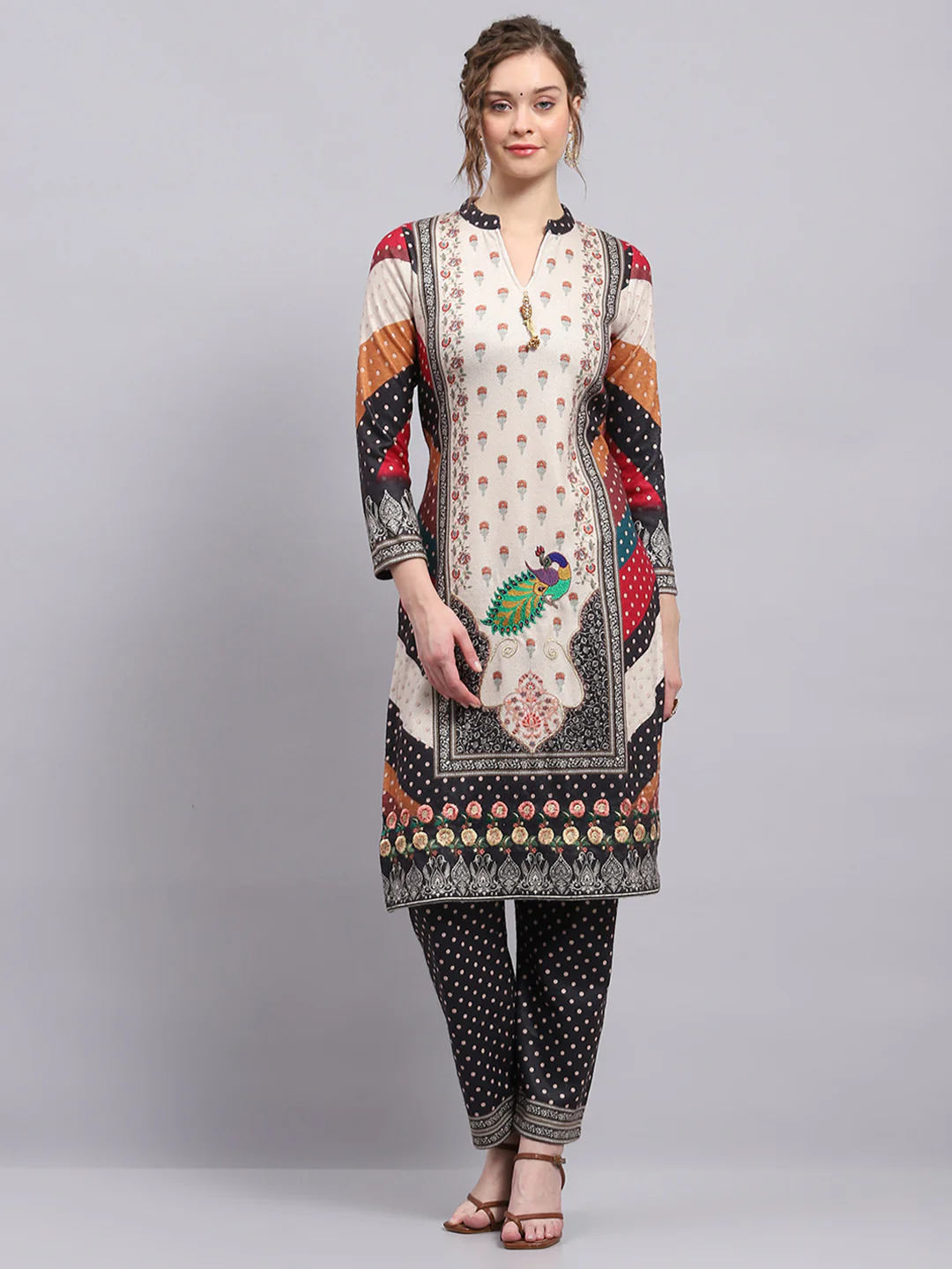 Women Cream Printed Round Neck 3/4th Sleeve Kurti Set for Winter - Image 3
