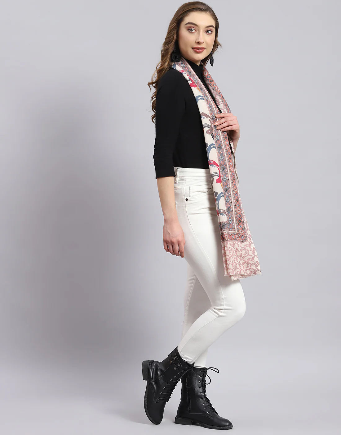 Women Cream Printed Stole - Image 5