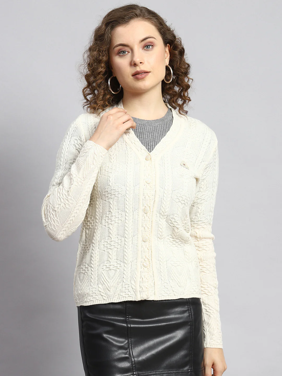 Women Cream Self Cardigan - Image 2