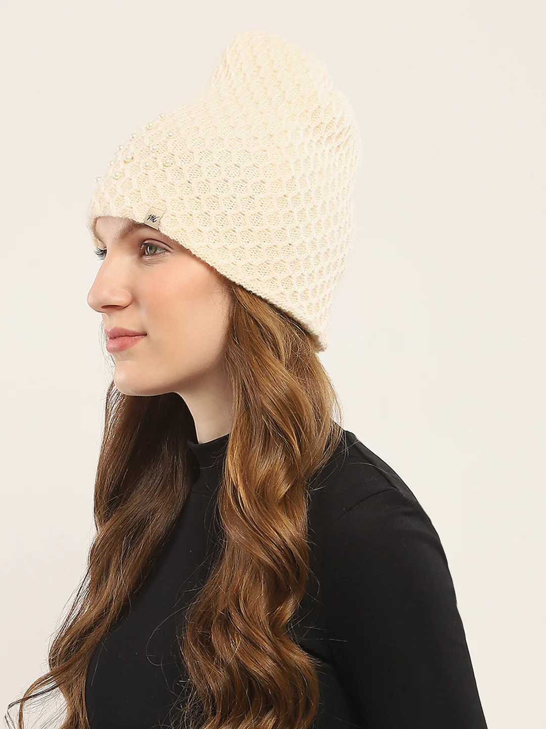 Women Cream Self Design Cap - Image 3