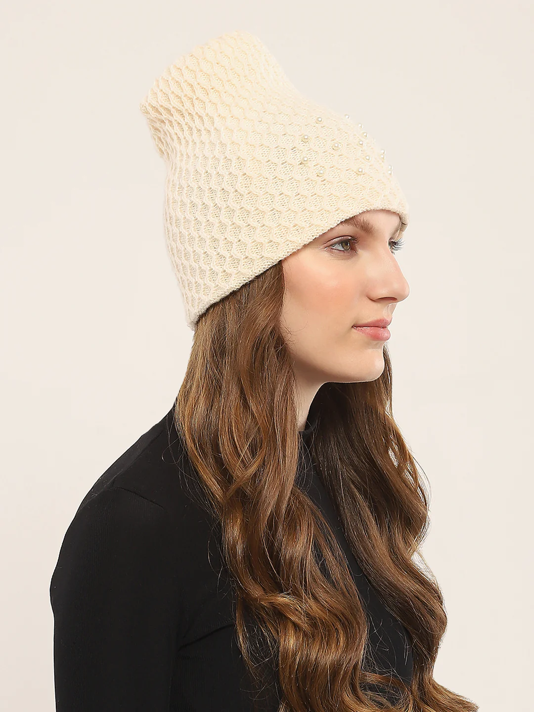 Women Cream Self Design Cap - Image 4
