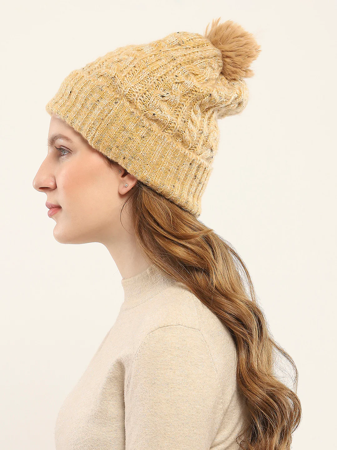 Women Cream Self Design Cap - Image 3